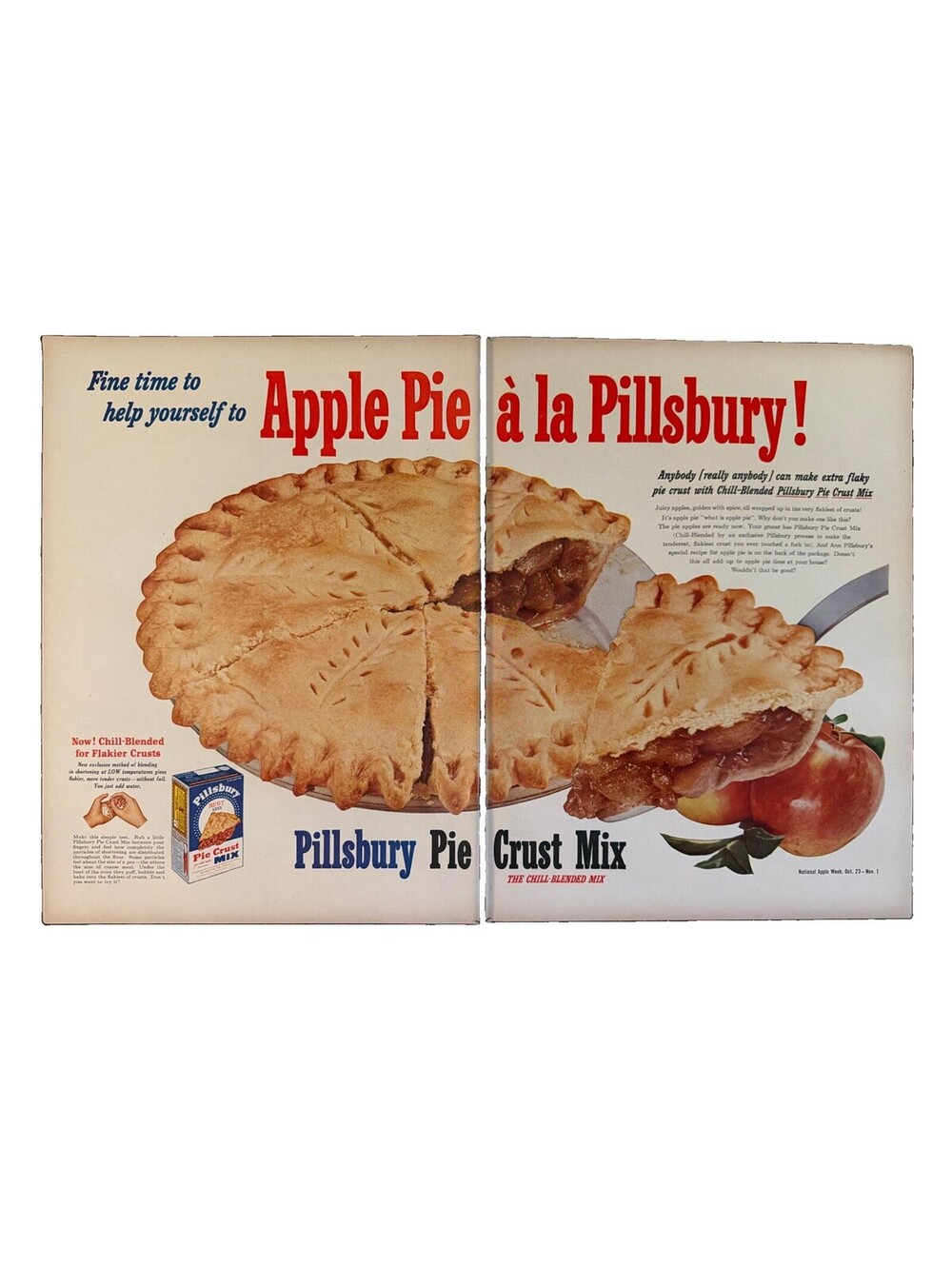 1952 Pillsbury Pie Crust Mix Print Ad Apple Pie Dessert Fruit Food Mid-Century